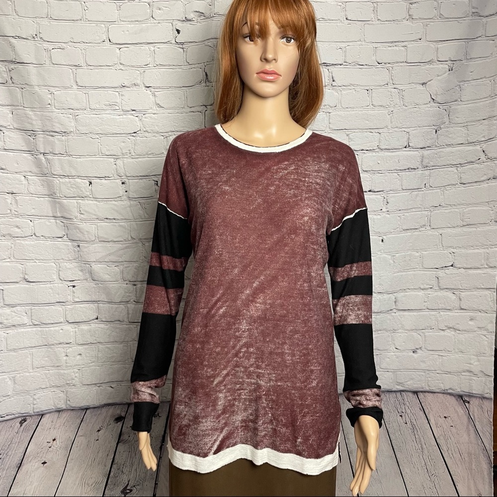 NWT New $229 Kokun Brown Bamboo Cashmere Overdyed Striped Sleeve Sweater Size M